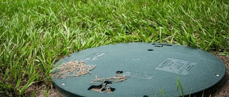 Septic tank lid in the grass